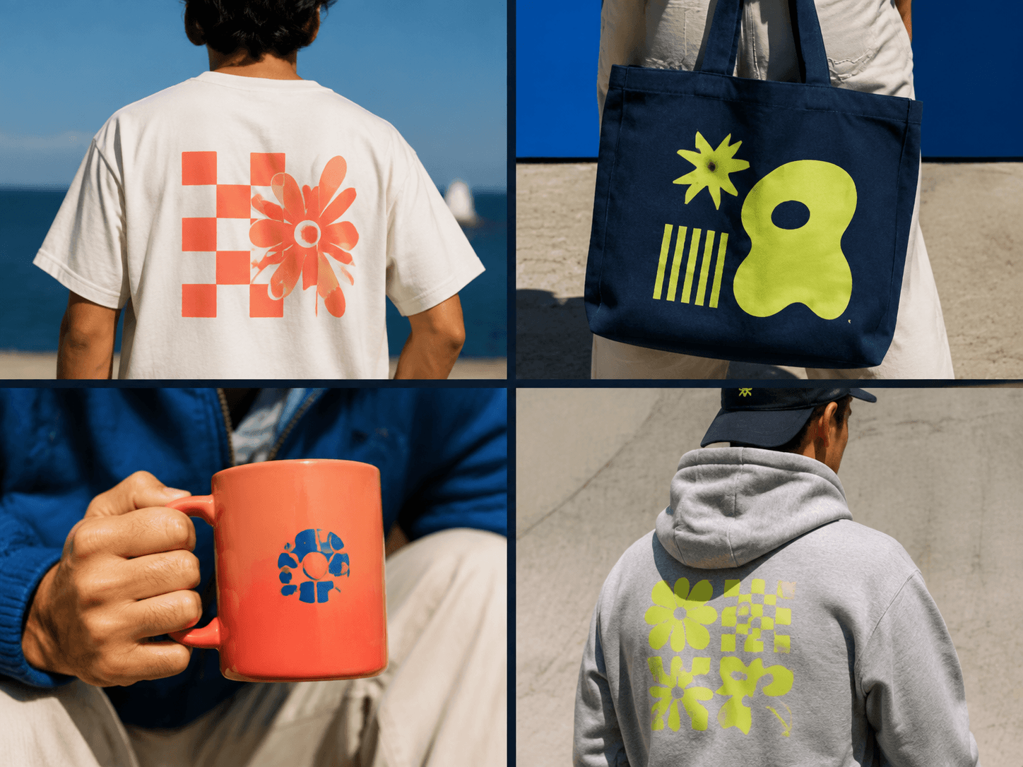 Four examples of custom merchandise: printed T-shirt, tote, mug and hoodie
