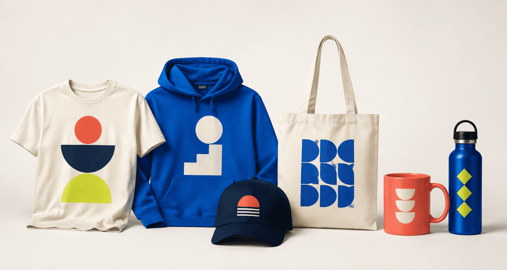 A line-up of customizable T-shirt, hoodie, cap, tote bag, mug and bottle
